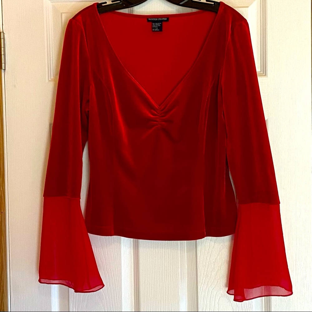 Boston Proper Women’s V-Neck Red Velvet w/ Long Chiffon Bell Sleeves Top Size Lg